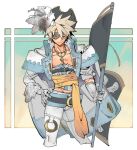  1boy 2344 belt black_headwear blonde_hair blue_eyes cross cross_necklace eyepatch feathers flag frills gloves guilty_gear hair_between_eyes hand_on_hip hat hat_feather holding holding_flag jewelry male_focus necklace pectorals pirate pirate_hat sin_kiske smile solo spiky_hair white_gloves 