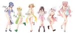  6+girls ahoge akatsuki_kirika apron black_hair blonde_hair blue_hair blush braid breasts bun_cover highres kazanari_tsubasa lanlanlap large_breasts light_brown_hair long_hair maria_cadenzavna_eve medium_breasts multiple_girls naked_apron pink_hair senki_zesshou_symphogear silver_hair tachibana_hibiki_(symphogear) tea_set tray tsukuyomi_shirabe white_background yukine_chris 