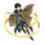 1boy armored_boots bangs black_eyes black_footwear black_gloves black_hair black_pants boots breastplate brown_cape cape closed_mouth cosplay_request fingerless_gloves fur_cape gloves hair_between_eyes highres kirito_(sao-alo) looking_at_viewer male_focus official_art pants pointy_ears short_hair solo sword_art_online sword_art_online:_memory_defrag thigh-highs thigh_boots transparent_background 