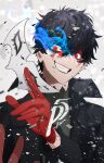  1boy amamiya_ren black_coat black_eyes black_hair blood blood_on_face btmr_game coat copyright_name fire gloves glowing glowing_eye grey_background grin hair_between_eyes holding holding_mask long_sleeves male_focus mask persona persona_5 red_eyes red_gloves signature simple_background smile solo upper_body 