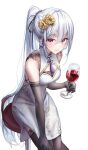  1girl absurdres bangs blush breasts dress earrings flower gloves grey_hair hair_flower hair_ornament highres jewelry long_hair looking_at_viewer nagul off-shoulder_dress off_shoulder original ponytail red_eyes smile solo thigh-highs very_long_hair white_background 