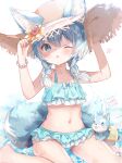  1girl ;o absurdres animal animal_ear_fluff animal_ears bare_arms bare_legs bare_shoulders barefoot bikini blue_bikini blue_eyes blue_hair blush bracelet braid brown_headwear collarbone commentary_request ears_through_headwear flower hair_over_shoulder hat hat_flower highres innertube jewelry koyomi_(shironeko_project) long_hair navel one_eye_closed parted_lips pearl_bracelet rukako shironeko_project signature sitting straw_hat sunflower swimsuit tail tarou_(shironeko_project) twin_braids wariza wolf wolf_ears wolf_girl wolf_tail yellow_flower 