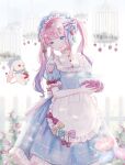  1girl apron artist_request birdcage blue_dress blue_eyes blush bow cage closed_mouth dress flower food fruit hair_bow hair_ornament hairband heart_apron highres lolita_fashion lolita_hairband long_hair original pinafore_dress pink_hair sidelocks smile solo standing strawberry stuffed_animal stuffed_toy twintails white_background 