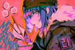  1girl artist_name beanie blue_hair brown_jacket chopsticks colorful eating eyebrows_visible_through_hair food fur_trim hat holding holding_chopsticks jacket kamaboko mazamuno narutomaki noodles number orange_background original pink_eyes polka_dot ramen short_hair simple_background sketch 