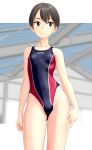  1girl absurdres black_hair black_swimsuit breasts brown_eyes clothes_writing commentary_request competition_swimsuit contrapposto cowboy_shot highres looking_to_the_side one-piece_swimsuit original short_hair small_breasts smile solo standing swimsuit takafumi two-tone_swimsuit 