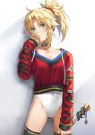  1girl bangs blonde_hair braid breasts closed_mouth collar fate/apocrypha fate_(series) french_braid green_eyes hair_ornament hair_scrunchie highres leotard long_hair long_sleeves looking_at_viewer mordred_(fate) mordred_(fate)_(all) parted_bangs ponytail red_sweater scrunchie small_breasts sweater thighs tonee white_leotard 