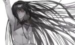  1girl akemi_homura arm_up black_hair black_neckwear collared_shirt commentary hairband highres long_hair mabelmine mahou_shoujo_madoka_magica muted_color necktie shiny shiny_hair shirt simple_background solo unhappy upper_body very_long_hair violet_eyes waving white_background white_shirt 