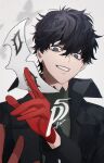  1boy amamiya_ren black_coat black_eyes black_hair btmr_game bug butterfly coat copyright_name gloves grey_background grin hair_between_eyes holding holding_mask insect long_sleeves male_focus mask persona persona_5 red_gloves signature simple_background smile solo upper_body 