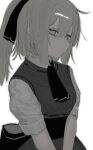  1girl atkm2 bow closed_mouth dress empty_eyes grey_hair greyscale hair_bow highres long_hair looking_at_viewer monochrome necktie original pale_color pale_skin ponytail sash short_sleeves simple_background solo upper_body vest white_background 
