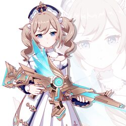  1girl barbara_(genshin_impact) blonde_hair blue_eyes bow bowtie dress drill_hair genshin_impact gun hair_ornament half-closed_eyes hat highres holding holding_weapon long_sleeves looking_at_viewer rifle simple_background solo twin_drills twintails weapon white_background white_dress 