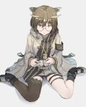  1girl arknights bangs black_footwear black_legwear brown_eyes brown_hair commentary_request eyebrows_visible_through_hair glasses grey_background grey_jacket highres jacket long_sleeves looking_at_viewer partial_commentary shoes short_hair silence_(arknights) simple_background single_thighhigh sitting solo thigh-highs unu_(unucence) wariza 