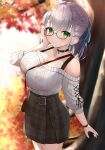  1girl autumn_leaves bangs blurry blurry_background blurry_foreground blush braid breasts choker collarbone commentary_request depth_of_field glasses hair_ribbon highres hololive large_breasts leaf looking_at_viewer off-shoulder_sweater off_shoulder outdoors plaid ribbon saki_(saki_paint) shirogane_noel skirt smile solo sweater virtual_youtuber 
