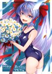  1girl aqua_background ass bangs bare_shoulders blue_eyes blue_hair blue_swimsuit blush border bouquet breasts cluseller commentary_request confetti daisy english_text eyebrows_visible_through_hair flower from_behind hair_ribbon hand_up happy happy_birthday hatsune_miku highres holding light_blush long_hair looking_back looking_to_the_side one-piece_swimsuit open_mouth outside_border red_ribbon ribbon shiny shiny_clothes shiny_hair shiny_skin simple_background skindentation small_breasts smile solo standing swimsuit teeth thigh-highs tied_hair tongue translated twintails twisted_torso vocaloid white_border white_flower white_legwear 