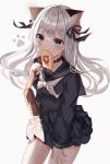  1girl absurdres animal_ear_fluff animal_ears bag black_serafuku black_skirt blue_eyes blush cat_ears closed_mouth collar eyebrows_visible_through_hair eyes_visible_through_hair food food_in_mouth grey_hair hair_between_eyes hair_ribbon highres legs long_hair long_sleeves looking_at_viewer mouth_hold original pleated_skirt ribbon school_uniform serafuku shoulder_bag sidelocks silver_hair simple_background skirt solo standing thighs toast toast_in_mouth uniform white_background white_hair whitebc 