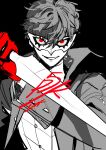  1boy amamiya_ren bangs black_background black_coat black_hair btmr_game coat copyright_name dagger gloves hair_between_eyes holding holding_weapon long_sleeves male_focus mask persona persona_5 persona_5_the_royal red_eyes red_gloves signature simple_background sketch solo upper_body weapon 