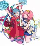 +_+ 2girls :d ;d animal_ear_fluff animal_ears arm_up arms_up bangs bare_shoulders blue_hair blue_skirt blush boots bow captain_yue crop_top cross-laced_footwear dress eyebrows_visible_through_hair fang green_eyes grey_background hair_between_eyes hairband hatsune_miku holding kneehighs lace-up_boots midriff multiple_girls one_eye_closed ootori_emu open_mouth pantyhose pink_eyes pink_hair pink_lips pom_poms project_sekai puffy_short_sleeves puffy_sleeves red_dress shirt short_sleeves skirt smile striped striped_bow vertical-striped_dress vertical_stripes white_bow white_footwear white_legwear white_shirt yellow_hairband