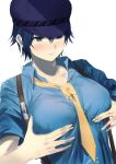  1girl absurdres blue_eyes blue_hair blue_headwear blue_shirt blush breasts hair_between_eyes hat highres large_breasts misaki_nonaka necktie persona persona_4 shirogane_naoto shirt short_hair simple_background solo suspenders yellow_neckwear 