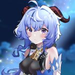  1girl ahoge bare_shoulders bell blush breasts clouds detached_sleeves eyebrows_visible_through_hair ganyu_(genshin_impact) genshin_impact gloves hand_in_hair highres horns long_sleeves looking_at_viewer low_ponytail night night_sky purple_hair sky sleeveless solo sparkle upper_body violet_eyes 