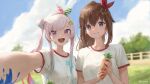  2girls :d airani_iofifteen blue_bow blue_eyes blue_sky bow breasts brown_hair carrot clouds fence food grass gym_uniform hair_between_eyes hair_bow hair_ornament hairband high_ponytail highres holding holding_food hololive hololive_indonesia light_blush long_hair looking_at_viewer medium_breasts multicolored_hair multiple_girls open_mouth outdoors outstretched_arm paint paint_on_clothes paint_on_face self_shot shirt short_sleeves side_ponytail sidelocks signature sky smile tokino_sora tree twitter_username two-tone_hair upper_teeth violet_eyes virtual_youtuber white_shirt zeradok 