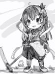  1girl :d ahoge blush_stickers bow chibi copyright_request greyscale hair_bow hair_ornament highres hoe holding hololive japanese_clothes long_hair looking_at_viewer monochrome nanashi_(nlo) open_mouth puffy_shorts shorts smile solo star_(symbol) star_hair_ornament tokino_sora 