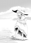  1girl :d beach blush bow dress hair_bow hat hota latina_(uchi_no_musume_no_tame_naraba) long_dress medium_hair neck_ribbon ocean open_mouth outdoors puffy_short_sleeves puffy_sleeves ribbon sandals short_sleeves skirt_hold slit_pupils smile standing standing_on_one_leg sun_hat sundress uchi_no_musume_no_tame_naraba_ore_wa_moshikashitara_maou_mo_taoseru_kamo_shirenai. 