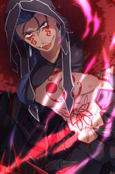  1boy :p blue_hair bodypaint cu_chulainn_(fate)_(all) cu_chulainn_alter_(fate/grand_order) dark_blue_hair dark_persona detached_hood earrings facepaint fangs fate/grand_order fate_(series) fuji121 fur grin hair_strand highres hood hood_up jewelry long_hair looking_at_viewer male_focus muscle pants ponytail red_eyes shirtless skin_tight smile solo spikes tongue tongue_out type-moon 