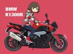  1girl absurdres blue_eyes bob_cut brown_hair camouflage_jacket denim from_side ground_vehicle highres hood hooded_jacket jacket jeans motor_vehicle motorcycle on_motorcycle original pants red_background red_footwear setone shoes short_hair sneakers solo 