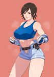  1girl absurdres belt blue_sports_bra breasts brown_eyes brown_hair cirenk elbow_pads fingerless_gloves gloves highres kazama_asuka large_breasts lips looking_at_viewer midriff namco nose pink_background short_hair short_jumpsuit solo sports_bra standing sweat tekken tekken_5 tomboy toned undressing unzipped 