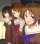  3girls absurdres brown_eyes brown_hair hibike!_euphonium highres hisaishi_kanade looking_at_viewer multiple_girls nakagawa_natsuki open_mouth oumae_kumiko pleated_skirt pointing ponytail raku_rakugaki school_uniform short_hair skirt smile sweatdrop violet_eyes 