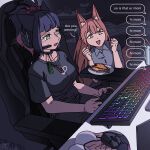  2girls animal_ear_fluff animal_ears arknights blaze_(arknights) blue_hair breast_mousepad brown_eyes brown_hair can cat_ears char_(charlattes) chat_log choker collared_shirt controller english_text fox_ears fox_tail franka_(arknights) gamer_chair green_eyes headset highres jessica_(arknights) keyboard_(computer) lego mouse_(computer) multicolored_hair multiple_girls open_mouth ponytail shirt soda_can sweatdrop tail two-tone_hair 