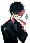  1boy ? amamiya_ren bangs black-framed_eyewear black_hair black_jacket btmr_game closed_mouth copyright_name glasses hair_between_eyes highres holding holding_pen jacket long_sleeves male_focus pen persona persona_5 school_uniform shuujin_academy_uniform signature simple_background solo spoken_question_mark upper_body white_background 