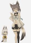  2girls absurdres ahoge alternate_hairstyle animal_ear_fluff animal_ears arm_at_side belt black_legwear black_shorts blue_neckwear braid brown_hair chibi chibi_inset collarbone commentary_request cosplay costume_switch cowboy_shot detached_sleeves drawstring eyelashes flat_chest fox_ears fox_shadow_puppet fox_tail grey_eyes hand_up head_tilt highres hololive jitome long_hair looking_at_another looking_at_viewer multiple_girls natsuiro_matsuri navel neckerchief ocha_0529 open_mouth ribbon-trimmed_sleeves ribbon_trim ringlets sailor_collar shirakami_fubuki shorts side_ponytail simple_background single_braid single_garter single_thighhigh skindentation star_(symbol) tail thigh-highs virtual_youtuber white_background white_hair 