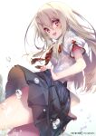  1girl :d black_skirt blonde_hair breasts eyebrows_visible_through_hair fate/kaleid_liner_prisma_illya fate_(series) hair_between_eyes hong_(white_spider) illyasviel_von_einzbern long_hair looking_at_viewer neck_ribbon open_mouth patreon_username pleated_sleeves puffy_short_sleeves puffy_sleeves red_eyes red_neckwear red_ribbon ribbon shirt short_sleeves sidelocks signature simple_background skirt skirt_hold small_breasts smile solo thighs water_drop wet wet_clothes white_background white_shirt 