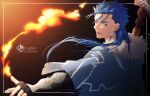  1boy blue_hair capelet cu_chulainn_(fate)_(all) cu_chulainn_(fate/grand_order) earrings english_text fang fate/grand_order fate_(series) fire floating_hair frame fuji121 fur-trimmed_hood fur_trim hood hood_down hooded_capelet jewelry long_hair looking_to_the_side magic male_focus multiple_piercings open_mouth pointing red_eyes solo spiky_hair staff type-moon vambraces wooden_staff 