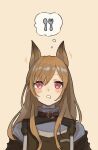  1girl animal_ears arknights asymmetrical_bangs bangs black_vest blush brown_hair ceobe_(arknights) commentary dog_ears drooling ear_wiggle eyebrows_visible_through_hair fork hair_between_eyes highres long_hair looking_up parted_bangs pink_background red_eyes shimasato shirt simple_background solo spoon straight_hair thought_bubble turtleneck upper_body vest white_shirt 