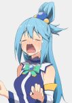  1girl aqua_(konosuba) bare_shoulders blue_hair blue_shirt blush breasts closed_eyes commentary_request crying detached_sleeves grey_background hair_ornament hair_rings kono_subarashii_sekai_ni_shukufuku_wo! long_hair medium_breasts open_mouth salpin shirt simple_background sleeveless solo tears upper_body 