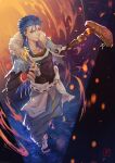  1boy belt blue_hair capelet casting_spell closed_mouth collarbone cu_chulainn_(fate)_(all) cu_chulainn_(fate/grand_order) earrings fate/grand_order fate_(series) fire full_body fur-trimmed_hood fur_trim greaves harem_pants highres holding holding_weapon hood hood_down hooded_capelet jewelry long_hair male_focus pants red_eyes runes signature skin_tight smile solo spiky_hair staff toeless_legwear type-moon washuu water weapon wooden_staff 