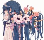  1girl bangs black_neckwear blue_hair blush flower ka_(marukogedago) long_hair orange_flower original pink_flower profile purple_flower red_flower shirt simple_background solo upper_body white_background white_flower white_shirt yellow_flower 