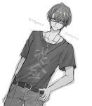  1boy bangs belt belt_buckle buckle character_name clothes_writing collarbone dutch_angle eyebrows_visible_through_hair glasses grey_outline hair_between_eyes hand_on_hip headset kagami_hayato looking_at_viewer male_focus nijisanji outline pants shikino_yuki shirt short_sleeves solo translation_request virtual_youtuber white_background 