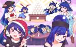  6+girls :3 :q =_= animal_ears black_headwear black_shirt blue_bow blue_dress blue_eyes blue_skirt blush bobby_socks bow bowtie breasts brown_footwear bunny_tail collarbone color_connection commentary_request covering_mouth crossed_arms dango doremy_sweet dress drooling emphasis_lines eyebrows_visible_through_hair food fruit hair_between_eyes hair_bow hair_color_connection hair_ornament hair_rings hair_stick hat head_rest heart heart-shaped_pupils hecatia_lapislazuli hecatia_lapislazuli_(earth) highres hinanawi_tenshi holding holding_food index_finger_raised kaku_seiga long_hair looking_at_viewer looking_down medium_breasts medium_hair multiple_girls nightcap off-shoulder_shirt off_shoulder open_mouth parted_lips peach pom_pom_(clothes) puffy_short_sleeves puffy_sleeves purple_background rabbit_ears rainbow_order red_bow red_eyes red_headwear satsuki_mei_(17maymay14) seiran_(touhou) shirt short_hair short_sleeves skirt sleeping small_breasts socks star_(symbol) symbol-shaped_pupils table tail tongue tongue_out touhou upper_body vest wagashi white_shirt white_vest yorigami_shion 