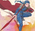  1boy abs armor beads blue_hair bodysuit cape cu_chulainn_(fate)_(all) earrings fate/stay_night fate_(series) fur-trimmed_cape fur_trim gae_bolg hair_beads hair_ornament holding holding_polearm holding_weapon jewelry lancer long_hair male_focus pauldrons polearm ponytail red_eyes shoulder_armor skin_tight smile solo spiky_hair type-moon weapon yanami 