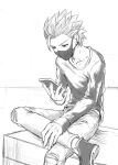  1boy camus_(dq11) cellphone collarbone commentary_request crossed_legs dragon_quest foot_out_of_frame greyscale holding holding_phone leg_up long_sleeves looking_down male_focus mask mondi_hl monochrome mouth_mask pants phone shirt shoes sitting smartphone solo spiky_hair 