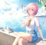  1girl bangs bird blue_shorts bracelet cat_eye_(pixiv15946433) clothing_cutout collarbone crossed_legs day denim denim_shorts dress_shirt drinking_straw eyebrows_visible_through_hair fate/grand_order fate_(series) hair_between_eyes holding jewelry mash_kyrielight ocean outdoors parted_lips pink_eyes pink_hair shiny shiny_hair shiny_skin shirt short_hair short_shorts short_sleeves shorts shoulder_cutout sitting solo white_shirt 