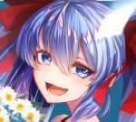  1girl aqua_background bangs bare_shoulders blue_eyes blue_hair blush bouquet cluseller commentary_request cropped daisy eyebrows_visible_through_hair face flower hair_ribbon happy hatsune_miku light_blush long_hair looking_to_the_side open_mouth red_ribbon ribbon shiny shiny_hair simple_background smile solo teeth tied_hair tongue twintails vocaloid white_flower 