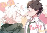  2boys absurdres ahoge bangs blush brown_hair closed_eyes collared_shirt commentary_request dangan_ronpa dated food from_side green_eyes green_hoodie green_neckwear hand_up heart highres hinata_hajime hood hoodie imminent_kiss komaeda_nagito looking_at_another male_focus messy_hair midou_(grk12138) multiple_boys necktie pocky pocky_day shirt short_hair short_sleeves super_dangan_ronpa_2 sweatdrop upper_body white_shirt 