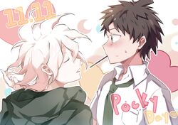  2boys absurdres ahoge bangs blush brown_hair closed_eyes collared_shirt commentary_request dangan_ronpa dated food from_side green_eyes green_hoodie green_neckwear hand_up heart highres hinata_hajime hood hoodie imminent_kiss komaeda_nagito looking_at_another male_focus messy_hair midou_(grk12138) multiple_boys necktie pocky pocky_day shirt short_hair short_sleeves super_dangan_ronpa_2 sweatdrop upper_body white_shirt 