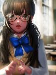 1girl absurdres blue_bow blurry blurry_background bow brown-framed_eyewear brown_eyes brown_hair classroom day eunjya4632 glasses highres long_hair looking_at_viewer mole mole_under_eye original school_uniform sweater_vest symbol_commentary twintails upper_body vest 