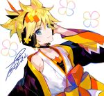  1boy blonde_hair cherry_blossom_print collarbone commentary floral_print fuzichoco happi headphones highres jacket japanese_clothes kagamine_len kimono looking_at_viewer magical_mirai_(vocaloid) open_clothes open_jacket short_ponytail sideways_glance signature smile solo spiky_hair upper_body vocaloid white_background white_kimono wide_sleeves 