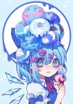  (9) 1girl blue_background blue_eyes blue_hair blush cirno food hair_ornament heart highres holding holding_food ice ice_cream ice_cream_cone ice_wings kyouda_suzuka looking_at_viewer melting neck_ribbon outline ribbon sleeve_bow solo sprinkles tongue tongue_out touhou upper_body white_outline wings 