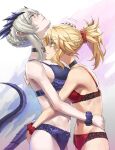  2girls artoria_pendragon_(all) artoria_pendragon_(lancer_alter) bangs bare_shoulders blonde_hair blush bra braid breasts choker fate/grand_order fate_(series) green_eyes grey_hair hand_on_another&#039;s_head highres horns hug large_breasts long_hair mordred_(fate) mordred_(fate)_(all) multiple_girls panties parted_bangs petting ponytail scrunchie sidelocks small_breasts tail tonee underwear underwear_only wrist_scrunchie yellow_eyes 